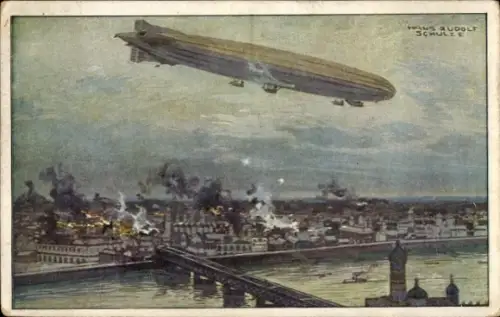 Künstler Ak Schulze, Hans Rudolf, Zeppelin, Luftschiff Schütte Lanz, Warschau bombardierend, I. WK