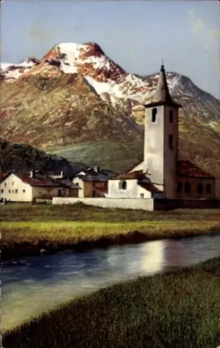 Ak Sils Baselgia Sils im Engadin Kt. Graubünden, Blick zur Kirche, Berge