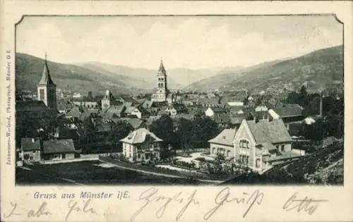 Ak Munster Münster Elsass Haut Rhin,  Zahneissen-Wieland Photograph Münster O.E., Stadtansicht mi