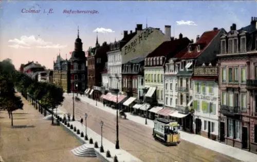 Ak Colmar Kolmar Elsass Haut Rhin,  Rufacherstraße, PARK HOTEL, HOTEL SACKE, Straßenansicht