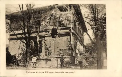 Ak Avricourt Elfringen Lothringen Moselle, Zollhaus Kolonie, zerstörtes Haus, Soldaten