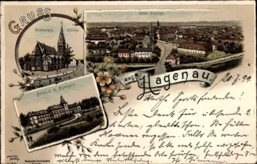 Litho Haguenau Hagenau Elsass Bas Rhin, Totalansicht, Protestantische Kirche, Bahnhof mit Anlagen