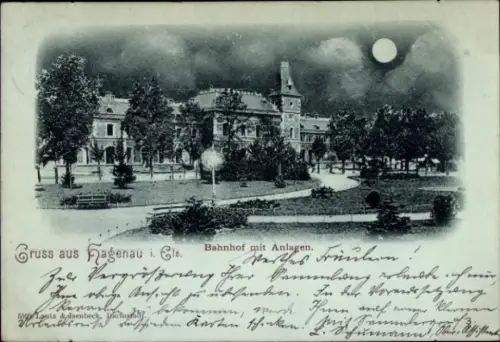 Mondschein Ak Haguenau Hagenau im Elsass Bas Rhin, Bahnhof mit Anlagen