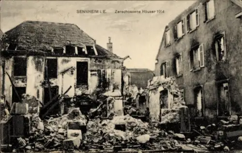 Ak Cernay Sennheim Elsass Haut Rhin, zerschossene Häuser 1914