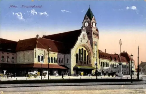 Ak Metz Moselle, Blick auf den Hauptbahnhof, Straßenseite, Pferdefuhrwerke
