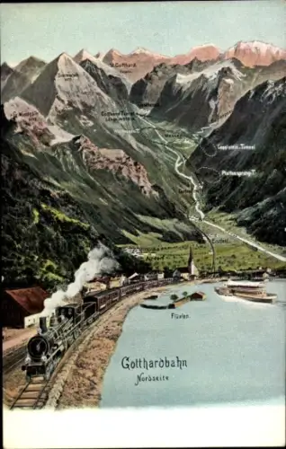 Ak Flüelen Kt. Uri Schweiz, Gotthardbahn, Erstfeld, Dammastock, Leckihorn, Galenstock