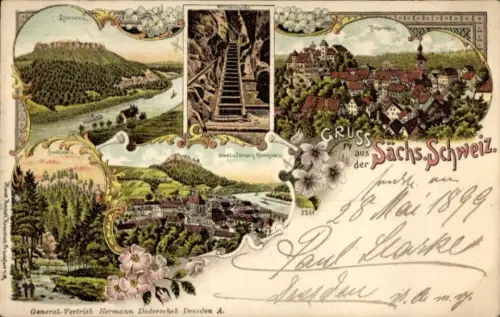 Litho Königstein an der Elbe Sächsische Schweiz, Hohnstein, Lilienstein, Hockstein, Wolfsschlucht