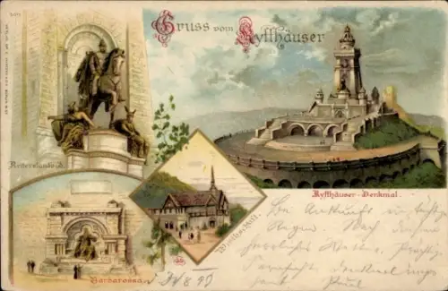 Litho Steinthaleben Kyffhäuserland, Denkmal, Barbarossa und Reiterstandbild, Wirtschaft