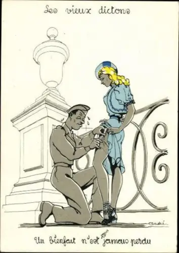 Set von 6 AK "LES VIEUX DICTONS" André  Illustration Soldat und Dame, Spruch 