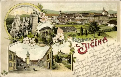 Litho Jičín Jitschin Region Königgrätz, Gesamtansicht, Felsen, Platz mit Kirche