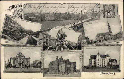Ak Fürth in Mittelfranken Bayern, Kunstbrunnen, Panorama, Kirche, Gebäude