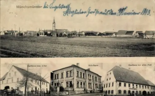 Ak Münchsmünster in Oberbayern, Gesamtansicht, Gasthaus zum Adler, Schulhaus, Gasthaus z. alten Post