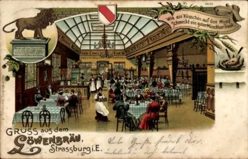 Litho Strasbourg Straßburg Elsass Bas Rhin, Gasthaus Löwenbräu, Innenansicht