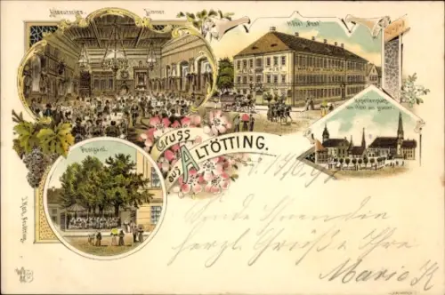 Litho Altötting in Oberbayern, Hotel Post, Kapellenplatz, Postgartl