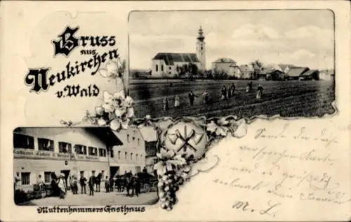 Ak Neukirchen vorm Wald Niederbayern, Gesamtansicht, Feldarbeit, Muttenhammers Gasthaus