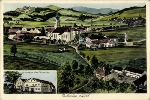 Ak Neukirchen vorm Wald Niederbayern, Gesamtansicht, Geschäft von Max Obermaier