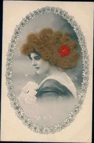 Passepartout Echthaar Ak Portrait einer jungen Frau