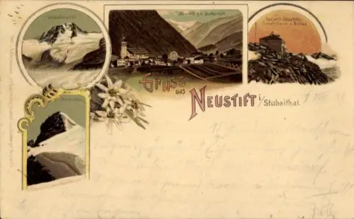 Litho Neustift im Stubaital in Tirol, Gesamtansicht, Kaiserin Elisabeth, Schutzhaus