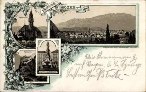 Litho Bozen Bolzano Südtirol, Gesamtansicht, Pfarrkirche, Statue