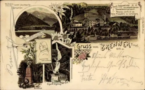 Litho Brenner Tirol Österreich, Gesamtansicht, Wasserfall, Denkmal
