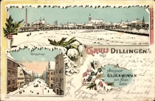 Winter Litho Dillingen an der Donau, Gesamtansicht, Königsstraße, Neujahr