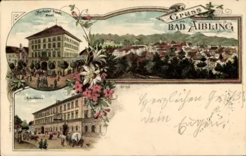 Litho Bad Aibling Oberbayern, Kurhotel Duschl, Post, Schuhbräu