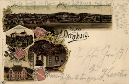 Litho Ortenburg Niederbayern, Gesamtansicht, Schloss, Inneres der Schlosskapelle