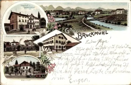 Litho Bruckmühl in Oberbayern, Gasthof Restauration, Bahnhof, Parkettfabriken Carl Dann