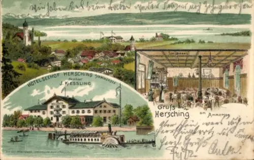 Litho Hersching am Ammersee, Gesamtansicht, Hotel Seehof, Speisesaal