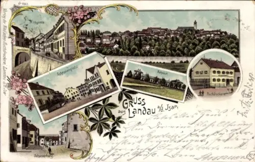Litho Landau an der Isar in Niederbayern, Höllgasse, Schranenplatz, Schusterberg, Buchdruckerei