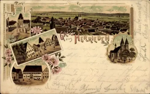 Litho Herrieden in Mittelfranken, Gesamtansicht, Pfarrkirche, Marktplatz