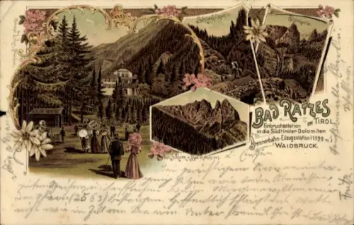 Litho Seis am Schlern Siusi Kastelruth Castelrotto Südtirol, Hotel Bad Ratzes, Brennerbahn Station