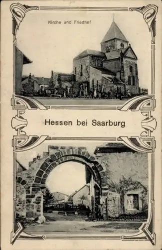 Ak Hesse Hessen in Lothringen Moselle, Kirche, Friedhof, Torbogen