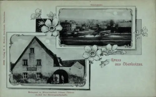 Ak Oberkotzau an der Saale, Metzgerei u. Bierwirtschaft Johann Püttner, Schwessnitz, Gruss aus Ob