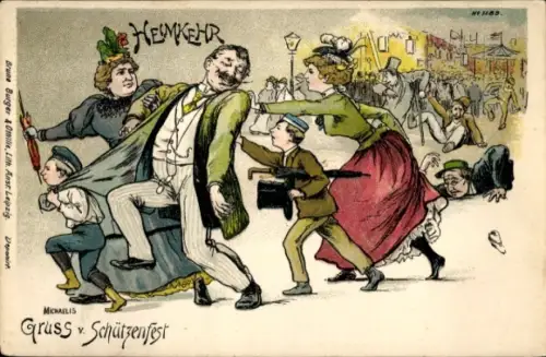 Ak Schützenfest, Heimkehr, Frauen, Kinder, Betrunkener Mann