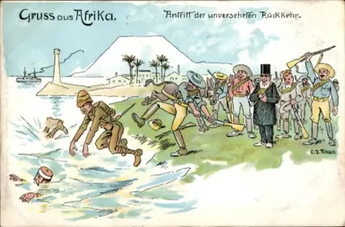 Künstler Ak Gruß aus Afrika, Antritt der unversehrten Rückkehr