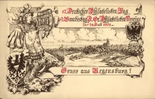 Künstler Ak Haseneder, K., Regensburg an der Donau Oberpfalz, 17. Deutscher Philatelisten Tag 1905