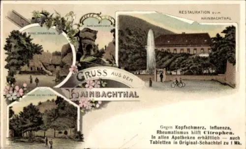 Litho Hainbach Aschau im Chiemgau Oberbayern, Hainbachtal, Restauration, Werbung Citrophen