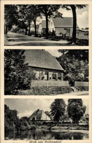 Ak Merkendorf in Mittelfranken, Drei Bilder von Häusern, Wasseransicht, Text 'Gruß aus Merkendorf