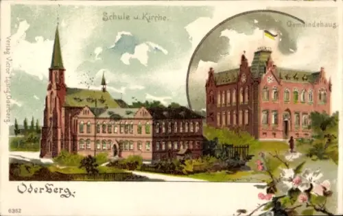 Litho Bohumín Oderberg Region Mährisch Schlesien, Schule, Kirche, Gemeindehaus