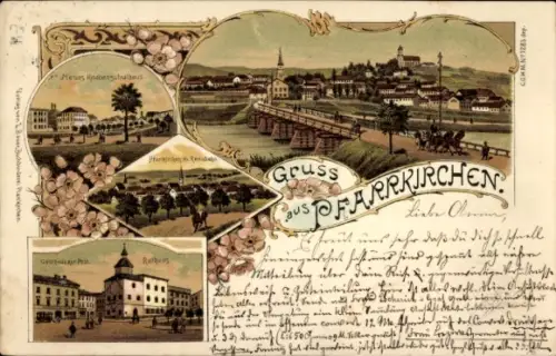 Litho Pfarrkirchen in Niederbayern, Panorama, Neues Knabenschulhaus, Rathaus, Gasthaus zur Post