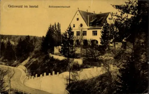 Ak Grünwald im Isartal Oberbayern, Grünwald im Isartal, Schlosswirtschaft, Landschaft, Bäume, Str