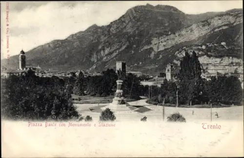 Ak Trento Trient Südtirol, Piazza Dante con Monumento a Stazione