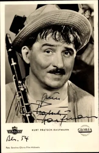Ak Schauspieler Kurt Pratsch-Kaufmann, Portrait, Hut, Musikinstrument, Autogramm