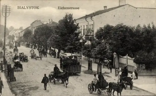 Ak Białystok Bialystok Polen, Eichenstraße, Straßenbahn, Fuhrwerke