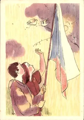 Ak Tschechien, Menschen mit Fahne, Abschied, Sonne