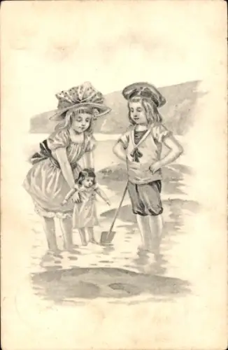 Ak Kinder und Puppe am Strand