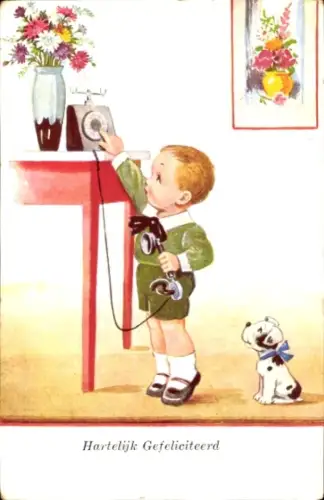 Ak Glückwunsch, Junge beim Telefonieren, Hund, Blumenstrauß