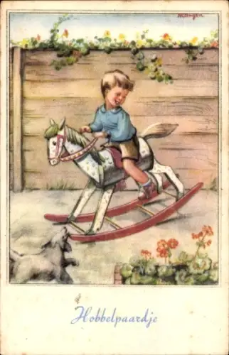 Ak Kind auf Schaukelpferd, Hund, Blumen, Spielzeug
