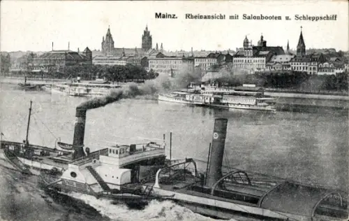 Ak Mainz am Rhein,  Rheinansicht, Salonboote, Schleppschiff